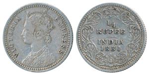 Victoria Empress, Silver ¼ Rupee, 1881, Calcutta Mint, C / II / C incuse, (Prid 386). Very