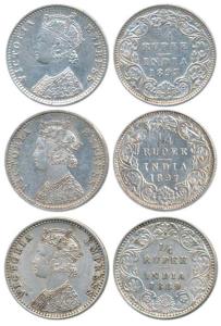 Victoria Empress, Silver ¼ Rupee (3), 1889 Bombay Mint, C / II / B incuse, (Prid 423); 189