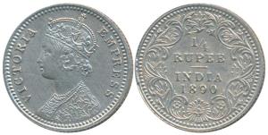 Victoria Empress, Silver ¼ Rupee, 1890, Calcutta Mint, C / II / C incuse (Prid 395). Extre