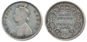 Victoria Queen, Silver ½ Rupee, 1875, Calcutta Mint, A / I / No mint mark, (Prid 260). Abo