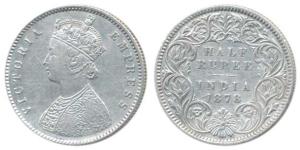 Victoria Empress, Silver ½ Rupee, 1878, Calcutta Mint, A / I / No mint mark, (Prid 262). V