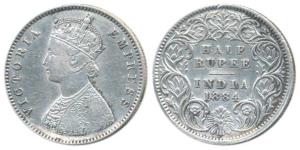 Victoria Empress, Silver ½ Rupee, 1884, Calcutta Mint, A / I / C incuse (Prid 268). Very F