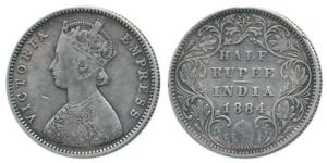 Victoria Empress, Silver ½ Rupee, 1884, Bombay Mint, A / II / no dot, (Prid 293). About Ve