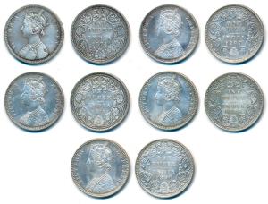 Victoria Queen and Empress, Silver Rupee, 1874, 1877, 1887, 1888, 1890. The first Very Fin
