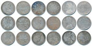 Victoria Empress, Silver Rupee (9), 1877 (2), 1879, 1885, 1887, 1888, 1889, 1891 and 1900.