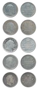 Edward VII, Silver ¼ Rupee (5), 1904, 1905 ,1906, 1908 and 1910. About Fine to About Very 