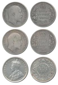Edward VII, Silver ½ Rupee (2), 1908 and 1910; George V, Silver ½ Rupee, 1930. Fine to Abo