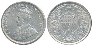 George V, Silver 2 Annas, 1911, Calcutta Mint, (Prid 564). About Extremely Fine, Rare.