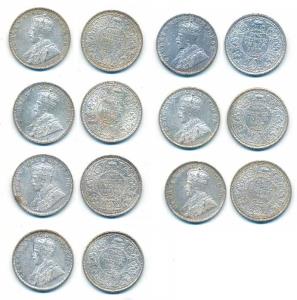 George V, Silver Rupee, 1912, 1913, 1916, 1917, 1918, 1919 and 1920, All Bombay Mint excep