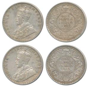 George V, Silver Rupee (2), 1915, Bombay and Calcutta Mint. Very Fine and Very Fine+. (2)