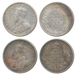 George V, Silver Rupee (2), 1915, Bombay Mint. Very Fine+. (2)