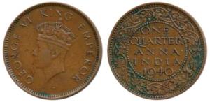 George VI, Bronze ¼ Anna, 1940, Bombay Mint, dot over N of ’ONE’, 1st Head (691). Very Fin