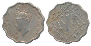 George VI, Cupro-Nickel 1 Anna, 1938, Calcutta Mint, First Head. Very Fine, Rare.