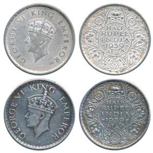 George VI, Silver ½ Rupee, 1939, Bombay Mint, 1st head, A / I / dot; Calcutta Mint, 2nd he