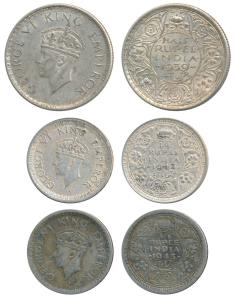 George VI, Silver ½ Rupee, 1939, Calcutta Mint, 2nd head; Half Silver ¼ Rupee (2), 1943, L