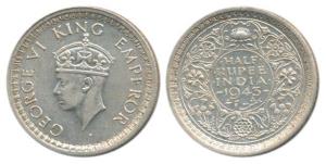 George VI, Half Silver ½ Rupee, 1943, Bombay Mint, rev II also called the Star lotus. Extr