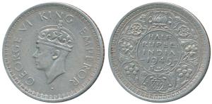George VI, Half Silver ½ Rupee, Lahore Mint, 1945, Large 5, L mint mark below on rev. Very