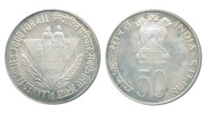 Silver Rupees 50, 1974, Planned Families Food for All. Uncirculated.
