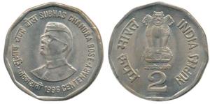 Subhas Chandra Bose, Cupro-Nickel, Rupees 2, Calcutta Mint, 1996. Uncirculated, Rare Date.