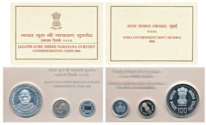2006 V.I.P. Proof Set, Commemorative Coins, Jagath Guru Sree Narayana, Rupees 5 and 100. I