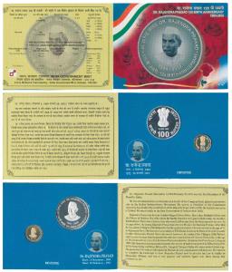 2009 Proof Set, Dr. Rajendra Prasad 125 Birth Anniversary, set of 2, Rupees 5 and 100. In 