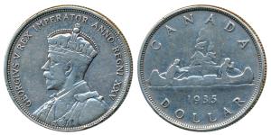 Canada, George V, Silver Dollar, 23.32g, 1935 (KM 30). Very Fine, Rare.