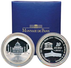 France, Taj Mahal on obv., Silver $10, 22.2g. Proof, in original box of issue.