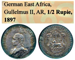 German East Africa, Wilhelm II, Silver ½ Rupie, 1897. About Extremely Fine.