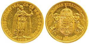 Hungary, Franz Joseph I, Gold 100 Korona, 34g, 1908, obv. emperor standing, crowned arms o
