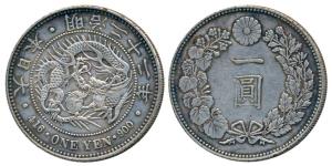 Japan, Mutsuhito (Meiji), Silver Yen, Dragon within beaded circle (KM A25). About Extremel