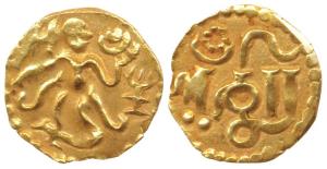 Sri Lanka, Chola Fanam, Gold ¼ Pagoda, 0.87g, king on obv., with Lanka written on rev. (De