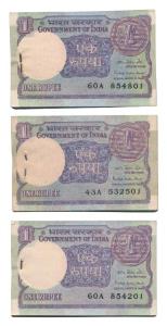 Rupee 1 bundle, 1983 (3), signed Pratap Kishan Kaul (IPM# A-45). Uncirculated. (300)