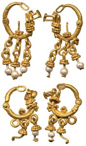 Gold Jewellery (c 5th-6th century AD), 5.32g, a pair of gold earrings with pearls hanging 