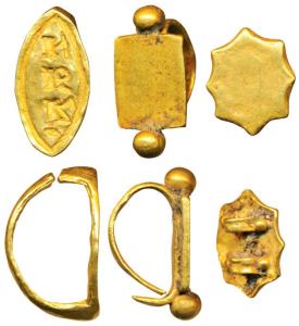 Gold Seals (3) (c. 5th century AD), total weight 3.73g, first with Brahmi inscription Mana