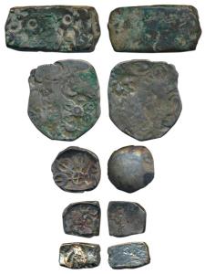 Archaic Punch Marked Coinage, Silver Karshapana and Billon Bent Bar, attributed to Gandhar