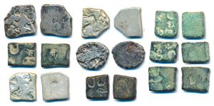 Archaic Silver punch-marked coin, Mauryan Empire (c. 350-250 BC), Silver (4) and Copper (5