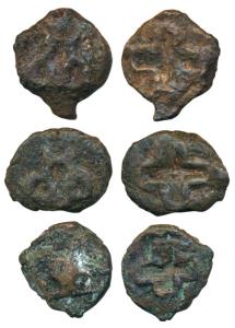 Later Mauryan Cast Copper, Vidarbha region, Copper Karshapana (3), three arched hill on ob