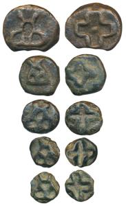 Later Mauryan Cast Copper, Vidarbha region, Copper Karshapana, ½ , 1/4, 1/8 and 1/16, obv.