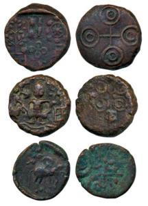 Ujjaini and Avanti Region, Copper Unit (3), standing human figure, tree in railing, six ar