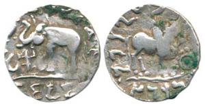 Audumbara, Mahadeva, Silver Drachm, 2.36g, obv. humped bull facing right, with a dotted ci