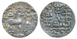 Kunindas, Amoghabhuti (c. 200 BC), Silver Drachma, 2.03g, obv. deer standing to right, god