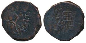 Kunindas, Amoghabhuti, Copper Drachma, 10.77g, six headed Karttikeya standing with Brahmi 