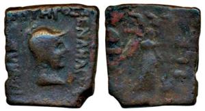Indo-Greeks, Menander I (c. 160-145 BC), Copper Square Unit, 7.33g, helmeted bust of the k