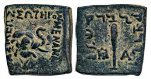 Indo-Greeks, Menander I, Copper Square Unit, 3.24g, obv. head of an elephant wearing a bel