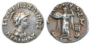 Indo-Greeks, Menander I, Silver Drachm, 2.44g, helmeted bust of the king to right with Gre