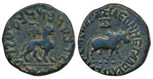 Indo-Scythians, Azes (c. 57-35 BC), Copper Unit, 13.58g, bull walking to right with Greek 