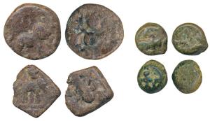 Vidarbha Region, Copper and Lead Fraction (4), obv. female deity standing holding an objec
