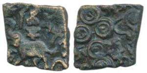 Satavahana, Chimuka, Andhra Region, Copper Unit, 2.17g, elephant running to left with upra