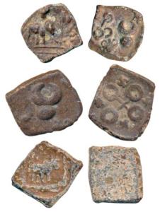 Satavahanas (c. 100 BC), Uninscribed, Lead Fraction (3), Yavtmal Area, elephant, bull and 