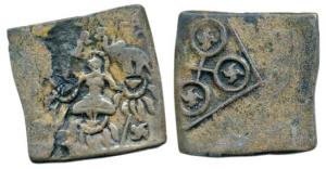 Satavahanas, Satakarni I, Bronze Unit, 5.80g, ‘Gaja Lakshmi’ type, Abhisheka Lakshmi sitti
